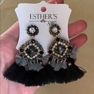 Black tassel beaded statement earrings